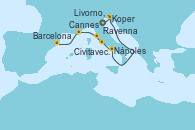 Visitando Ravenna (Italia), Koper (Eslovenia), Nápoles (Italia), Civitavecchia (Roma), Livorno, Pisa y Florencia (Italia), Cannes (Francia), Barcelona