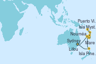 Visitando Sydney (Australia), Isla Pines (New Caledonia/Francia), Nouméa (Nueva Caledonia), Mare (Nueva Caledonia), Isla Mystery (Vanuatu), Puerto Vila (Vanuatu), Lifou (Isla Loyalty/Nueva Caledonia), Sydney (Australia)