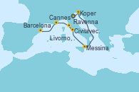 Visitando Ravenna (Italia), Koper (Eslovenia), Messina (Sicilia), Civitavecchia (Roma), Livorno, Pisa y Florencia (Italia), Cannes (Francia), Barcelona