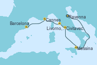 Visitando Ravenna (Italia), Ravenna (Italia), Messina (Sicilia), Civitavecchia (Roma), Livorno, Pisa y Florencia (Italia), Cannes (Francia), Barcelona