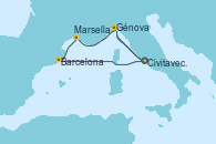 Visitando Civitavecchia (Roma), Génova (Italia), Marsella (Francia), Barcelona, Civitavecchia (Roma), Génova (Italia)