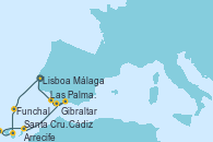Visitando Lisboa (Portugal), Funchal (Madeira), Las Palmas de Gran Canaria (España), Santa Cruz de la Palma (España), Arrecife (Lanzarote/España), Gibraltar (Inglaterra), Málaga, Cádiz (España), Lisboa (Portugal)