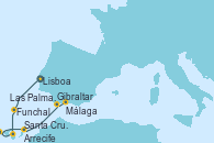 Visitando Lisboa (Portugal), Funchal (Madeira), Las Palmas de Gran Canaria (España), Santa Cruz de la Palma (España), Arrecife (Lanzarote/España), Gibraltar (Inglaterra), Málaga