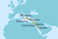 Visitando Civitavecchia (Roma), Katakolon (Olimpia/Grecia), Heraklion (Creta), Canal Suez, Canal Suez, Aqaba (Jordania), Jeddah (Arabia Saudí)