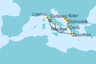 Visitando Civitavecchia (Roma), Corfú (Grecia), Dubrovnik (Croacia), Kotor (Montenegro), Zakinthos (Grecia), Nápoles (Italia), Livorno, Pisa y Florencia (Italia), Civitavecchia (Roma)
