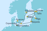 Visitando Warnemunde (Alemania), Roenne (Dinamarca), Klaipeda (Lituania), Helsinki (Finlandia), Riga (Letonia), Visby (Suecia), Tallin (Estonia), Estocolmo (Suecia), Copenhague (Dinamarca)