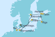 Visitando Copenhague (Dinamarca), Visby (Suecia), Riga (Letonia), Tallin (Estonia), Helsinki (Finlandia), Estocolmo (Suecia), Warnemunde (Alemania), Kiel (Alemania), Copenhague (Dinamarca)