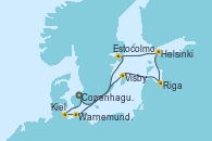 Visitando Copenhague (Dinamarca), Visby (Suecia), Riga (Letonia), Riga (Letonia), Helsinki (Finlandia), Estocolmo (Suecia), Warnemunde (Alemania), Kiel (Alemania), Copenhague (Dinamarca)