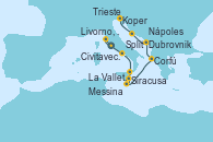 Visitando Civitavecchia (Roma), Livorno, Pisa y Florencia (Italia), Nápoles (Italia), Messina (Sicilia), Siracusa (Sicilia), La Valletta (Malta), Corfú (Grecia), Dubrovnik (Croacia), Split (Croacia), Koper (Eslovenia), Trieste (Italia)