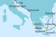 Visitando Trieste (Italia), Ravenna (Italia), Split (Croacia), Dubrovnik (Croacia), Corfú (Grecia), Santorini (Grecia), Kusadasi (Efeso/Turquía), Estambul (Turquía), Mykonos (Grecia), Atenas (Grecia)