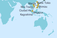 Visitando Tokio (Japón), Shimizu (Japón), Kobe (Japón), Kagoshima (Japón), Manila (Filipinas), Nha Trang (Vietnam), Ciudad Ho Chi Minh (Vietnam), Singapur
