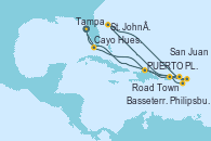 Visitando Tampa (Florida), Cayo Hueso (Key West/Florida), Puerto Plata, Republica Dominicana, Road Town (Isla Tórtola/Islas Vírgenes), Philipsburg (St. Maarten), St. John´s (Antigua y Barbuda), Basseterre (Antillas), San Juan (Puerto Rico), Tampa (Florida)