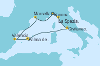 Visitando Savona (Italia), La Spezia, Florencia y Pisa (Italia), Civitavecchia (Roma), Palma de Mallorca (España), Valencia, Marsella (Francia), Savona (Italia)