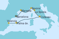 Visitando Barcelona, Marsella (Francia), Savona (Italia), La Spezia, Florencia y Pisa (Italia), Civitavecchia (Roma), Palma de Mallorca (España), Valencia