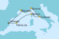 Visitando Valencia, Marsella (Francia), Savona (Italia), Civitavecchia (Roma), Ajaccio (Córcega), Palma de Mallorca (España), Valencia
