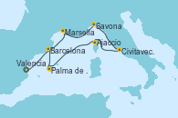 Visitando Valencia, Marsella (Francia), Savona (Italia), Civitavecchia (Roma), Ajaccio (Córcega), Palma de Mallorca (España), Barcelona