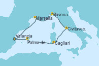 Visitando Valencia, Marsella (Francia), Savona (Italia), Civitavecchia (Roma), Cagliari (Cerdeña), Palma de Mallorca (España), Valencia