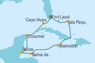 Visitando Fort Lauderdale (Florida/EEUU), Isla Pequeña (San Salvador/Bahamas), Falmouth (Jamaica), Bahia de Mahogany (Honduras), Belize (Caribe), Cozumel (México), Cayo Hueso (Key West/Florida), Fort Lauderdale (Florida/EEUU)