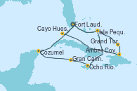 Visitando Fort Lauderdale (Florida/EEUU), Isla Pequeña (San Salvador/Bahamas), Ocho Ríos (Jamaica), Gran Caimán (Islas Caimán), Cozumel (México), Fort Lauderdale (Florida/EEUU), Isla Pequeña (San Salvador/Bahamas), Grand Turks(Turks & Caicos), Amber Cove (República Dominicana), Cayo Hueso (Key West/Florida), Fort Lauderdale (Florida/EEUU)