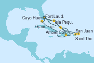 Visitando Fort Lauderdale (Florida/EEUU), Isla Pequeña (San Salvador/Bahamas), Grand Turks(Turks & Caicos), Amber Cove (República Dominicana), Cayo Hueso (Key West/Florida), Fort Lauderdale (Florida/EEUU), Grand Turks(Turks & Caicos), San Juan (Puerto Rico), Saint Thomas (Islas Vírgenes), Isla Pequeña (San Salvador/Bahamas), Fort Lauderdale (Florida/EEUU)