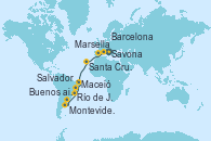 Visitando Savona (Italia), Marsella (Francia), Barcelona, Santa Cruz de Tenerife (España), Maceió (Brasil), Salvador de Bahía (Brasil), Río de Janeiro (Brasil), Montevideo (Uruguay), Buenos aires