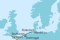 Visitando Zeebrugge (Bruselas), Rotterdam (Holanda), Le Havre (Francia), Southampton (Inglaterra), Hamburgo (Alemania), Zeebrugge (Bruselas)