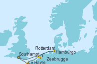 Visitando Southampton (Inglaterra), Hamburgo (Alemania), Zeebrugge (Bruselas), Rotterdam (Holanda), Le Havre (Francia), Southampton (Inglaterra)