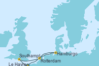 Visitando Le Havre (Francia), Southampton (Inglaterra), Hamburgo (Alemania), Rotterdam (Holanda), Le Havre (Francia)