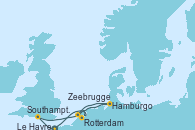 Visitando Le Havre (Francia), Southampton (Inglaterra), Hamburgo (Alemania), Rotterdam (Holanda), Zeebrugge (Bruselas), Le Havre (Francia)