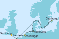 Visitando Hamburgo (Alemania), Zeebrugge (Bruselas), Cherburgo (Francia), Le Havre (Francia), Southampton (Inglaterra)