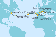 Visitando Civitavecchia (Roma), Livorno, Pisa y Florencia (Italia), Marsella (Francia), Barcelona, Cádiz (España), Lisboa (Portugal), Ponta Delgada (Azores), Kings Wharf (Bermudas), Nueva York (Estados Unidos)