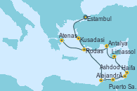 Visitando Estambul (Turquía), Kusadasi (Efeso/Turquía), Alejandría (Egipto), Puerto Said (Egipto), Ashdod (Israel), Haifa (Israel), Limassol (Chipre), Antalya (Turquía), Rodas (Grecia), Atenas (Grecia)