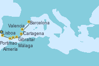 Visitando Lisboa (Portugal), Portimao (Portugal), Gibraltar (Inglaterra), Málaga, Almería (España), Cartagena (Murcia), Valencia, Barcelona