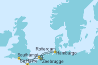 Visitando Zeebrugge (Bruselas), Le Havre (Francia), Southampton (Inglaterra), Hamburgo (Alemania), Rotterdam (Holanda), Zeebrugge (Bruselas)