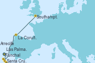 Visitando Funchal (Madeira), Santa Cruz de Tenerife (España), Las Palmas de Gran Canaria (España), Arrecife (Lanzarote/España), La Coruña (Galicia/España), Southampton (Inglaterra)