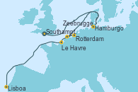 Visitando Southampton (Inglaterra), Hamburgo (Alemania), Zeebrugge (Bruselas), Rotterdam (Holanda), Le Havre (Francia), Lisboa (Portugal)