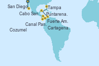 Visitando San Diego (California/EEUU), Cabo San Lucas (México), Cabo San Lucas (México), Puntarenas (Costa Rica), Fuerte Amador (Panamá), Canal Panamá, Cartagena de Indias (Colombia), Cozumel (México), Tampa (Florida)