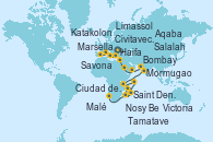Visitando Savona (Italia), Marsella (Francia), Civitavecchia (Roma), Katakolon (Olimpia/Grecia), Limassol (Chipre), Haifa (Israel), Aqaba (Jordania), Salalah (Omán), Bombay (India), Bombay (India), Mormugao (India), Malé (Maldivas), Malé (Maldivas), Victoria (Seychelles), Nosy Be (Madagascar), Tamatave (Madagascar), Saint Denis (Isla Reunion), Port Louis (Mauricio), Durban (Sudáfrica), Port Elizabeth (San Vicente y Granadinas), Port Elizabeth (San Vicente y Granadinas), Ciudad del Cabo (Sudáfrica), Ciudad del Cabo (Sudáfrica)