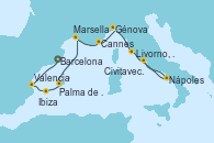 Visitando Barcelona, Valencia, Ibiza (España), Palma de Mallorca (España), Marsella (Francia), Cannes (Francia), Génova (Italia), Livorno, Pisa y Florencia (Italia), Livorno, Pisa y Florencia (Italia), Nápoles (Italia), Civitavecchia (Roma)