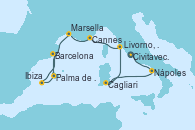 Visitando Civitavecchia (Roma), Nápoles (Italia), Cagliari (Cerdeña), Livorno, Pisa y Florencia (Italia), Livorno, Pisa y Florencia (Italia), Cannes (Francia), Marsella (Francia), Palma de Mallorca (España), Ibiza (España), Barcelona