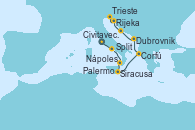 Visitando Civitavecchia (Roma), Nápoles (Italia), Palermo (Italia), Siracusa (Sicilia), Corfú (Grecia), Dubrovnik (Croacia), Split (Croacia), Rijeka (Croacia), Trieste (Italia)