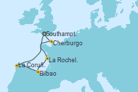 Visitando Southampton (Inglaterra), La Rochelle (Francia), Bilbao (España), La Coruña (Galicia/España), Cherburgo (Francia), Southampton (Inglaterra)