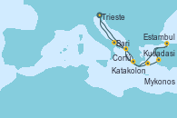 Visitando Trieste (Italia), Katakolon (Olimpia/Grecia), Mykonos (Grecia), Kusadasi (Efeso/Turquía), Estambul (Turquía), Corfú (Grecia), Bari (Italia), Trieste (Italia)