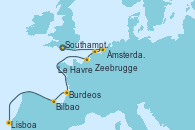 Visitando Southampton (Inglaterra), Ámsterdam (Holanda), Ámsterdam (Holanda), Zeebrugge (Bruselas), Le Havre (Francia), Burdeos (Francia), Bilbao (España), Lisboa (Portugal)