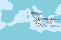 Visitando Civitavecchia (Roma), Siracusa (Sicilia), La Valletta (Malta), Santorini (Grecia), Mykonos (Grecia), Mykonos (Grecia), Civitavecchia (Roma)