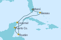 Visitando Miami (Florida/EEUU), Cozumel (México), Roatán (Honduras), Puerto Costa Maya (México), Nassau (Bahamas), Miami (Florida/EEUU)