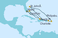 Visitando Miami (Florida/EEUU), Puerto Plata, Republica Dominicana, Charlotte Amalie (St. Thomas), St. John´s (Antigua y Barbuda), Philipsburg (St. Maarten), CocoCay (Bahamas), Miami (Florida/EEUU)
