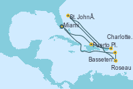Visitando Miami (Florida/EEUU), Puerto Plata, Republica Dominicana, Charlotte Amalie (St. Thomas), St. John´s (Antigua y Barbuda), Roseau (Dominica), Basseterre (Antillas), Miami (Florida/EEUU)