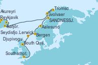 Visitando Reykjavik (Islandia), Ísafjörður (Islandia), Akureyri (Islandia), Seydisfjordur (Islandia), Djupivogur (Islandia), Tromso (Noruega), Svolvaer (Lofoten/Noruega), SANDNESSJOEN, NORWAY, Aalesund (Noruega), Bergen (Noruega), Lerwick (Escocia), South Queensferry (Escocia), Southampton (Inglaterra)
