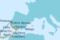 Visitando Lisboa (Portugal), Santa Cruz de la Palma (España), La Gomera (Islas Canarias/España), Las Palmas de Gran Canaria (España), Agadir (Marruecos), Casablanca (Marruecos), Gibraltar (Inglaterra), Málaga, Cádiz (España), Portimao (Portugal), Lisboa (Portugal)
